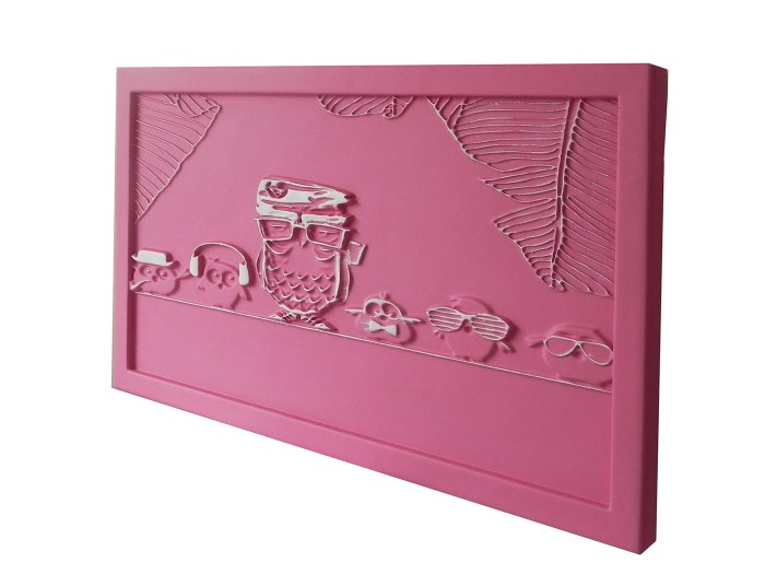 Baykuş Ailesi 3 Boyutlu Kabartma Pembe ve Beyaz Eskitme Tablo